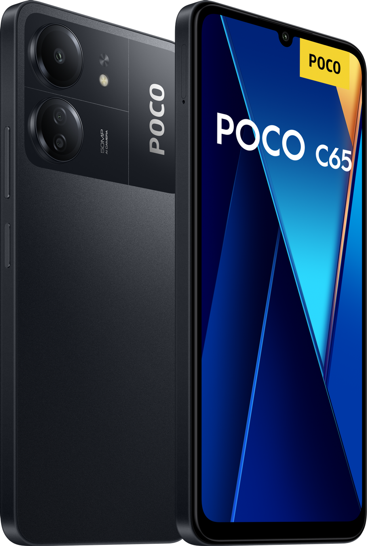 Czarny telefon POCO C65. Pokazuje przód i tył telefonu, z podwójnym aparatem.