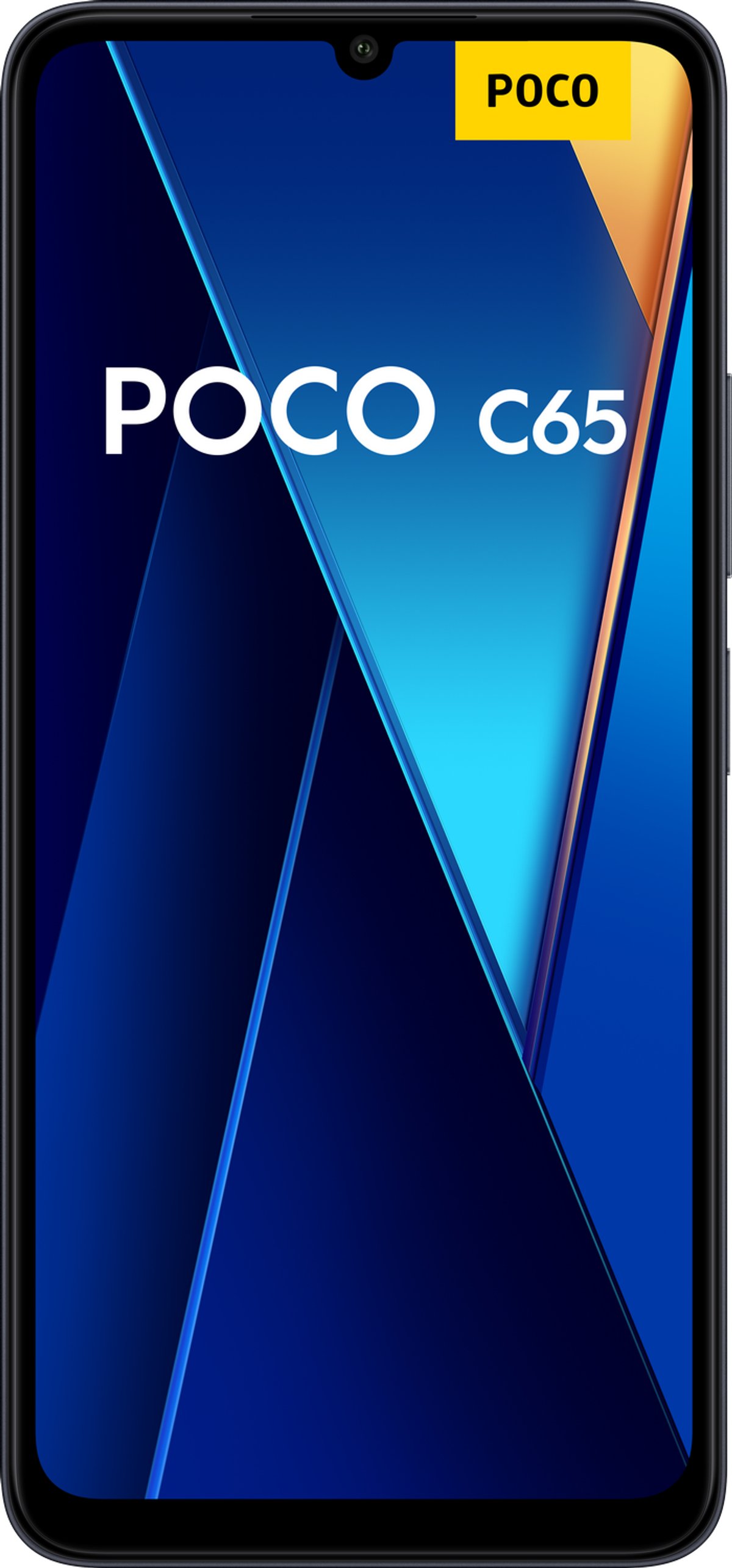 Czarny smartfon z niebieskim i złotym wzorem na ekranie. Marka POCO jest widoczna.