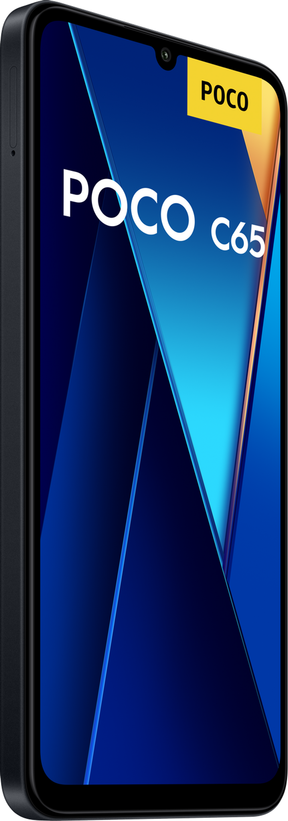 Zbliżenie czarnego smartfona z logo POCO. Niebiesko-złote tło z gradientem.