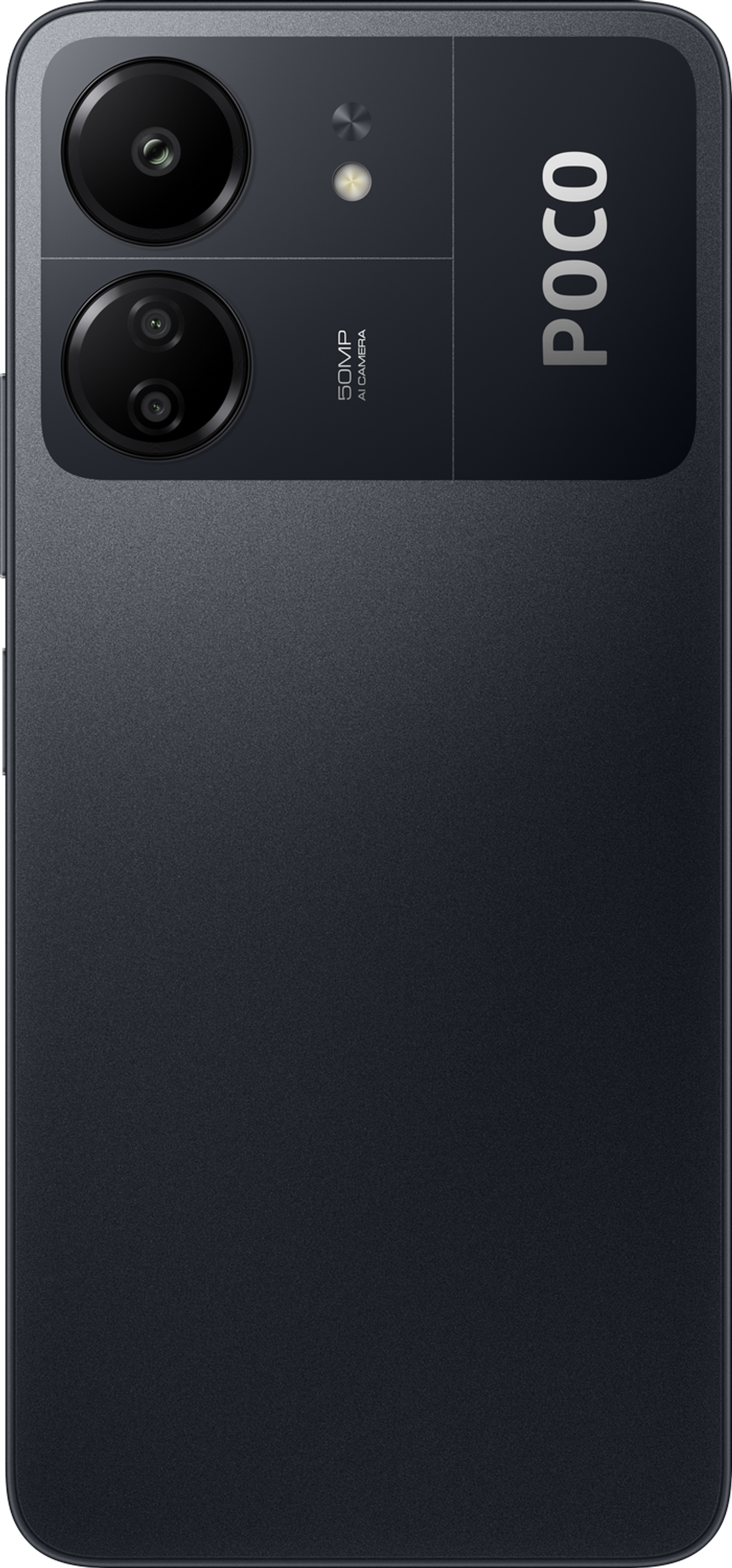 Czarny smartfon z wieloma tylnymi aparatami i marką POCO.