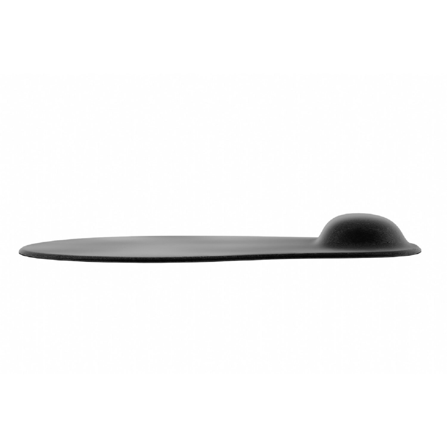 Schwarzes ergonomisches Mauspad mit erhöhter Handballenauflage, vor weißem Hintergrund.