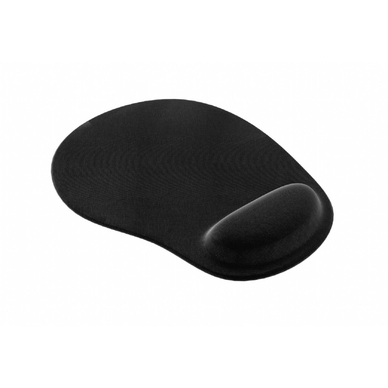 Schwarzes ergonomisches Mauspad mit Handgelenkstütze auf weißem Hintergrund.