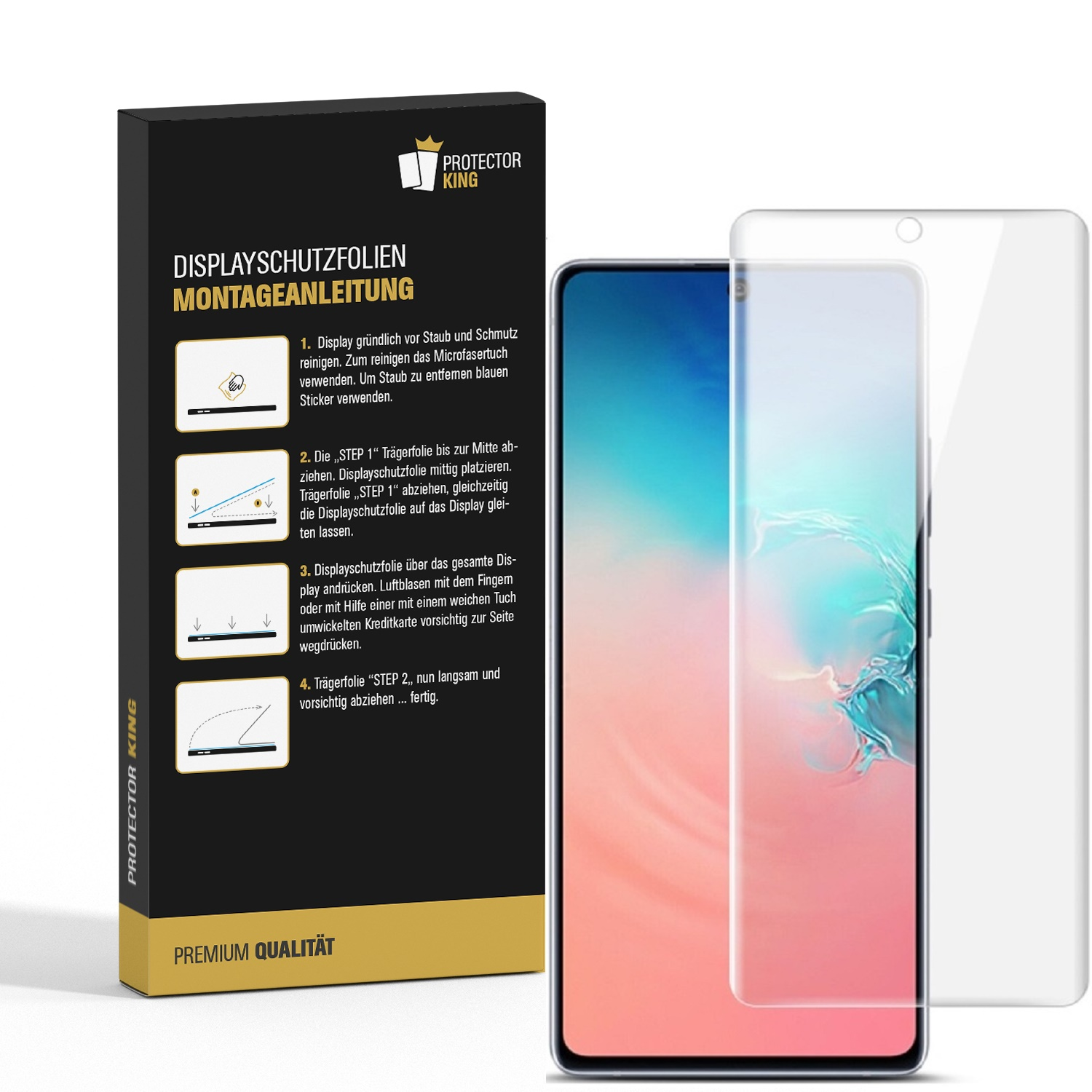 Box und Displayschutzfolie. Anweisungen sind auf der Box mit einem überlagerten Telefon angezeigt.