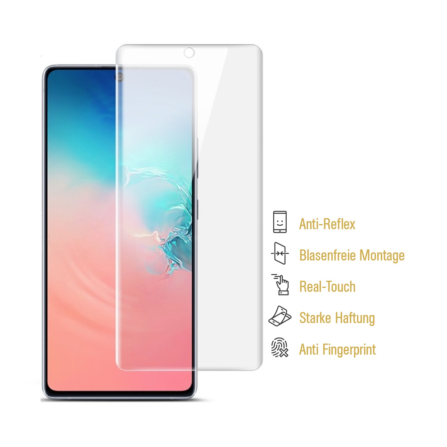 Smartphone mit angebrachtem Displayschutz und Ersatzschutz, mit Funktionssymbolen und Text.