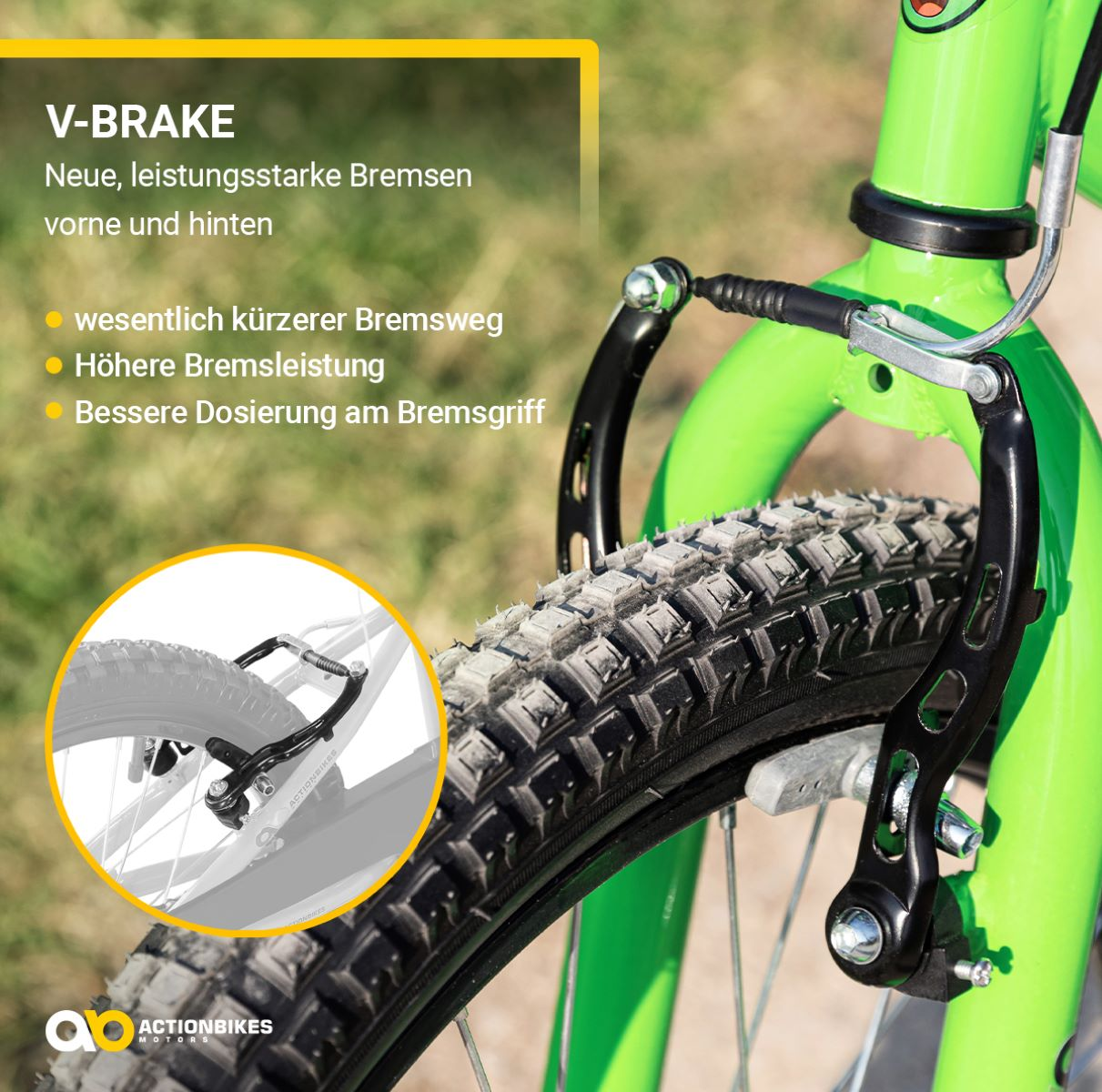 Nahaufnahme eines Fahrradbremssystems. Text auf Deutsch über die V-Brake-Funktionen.