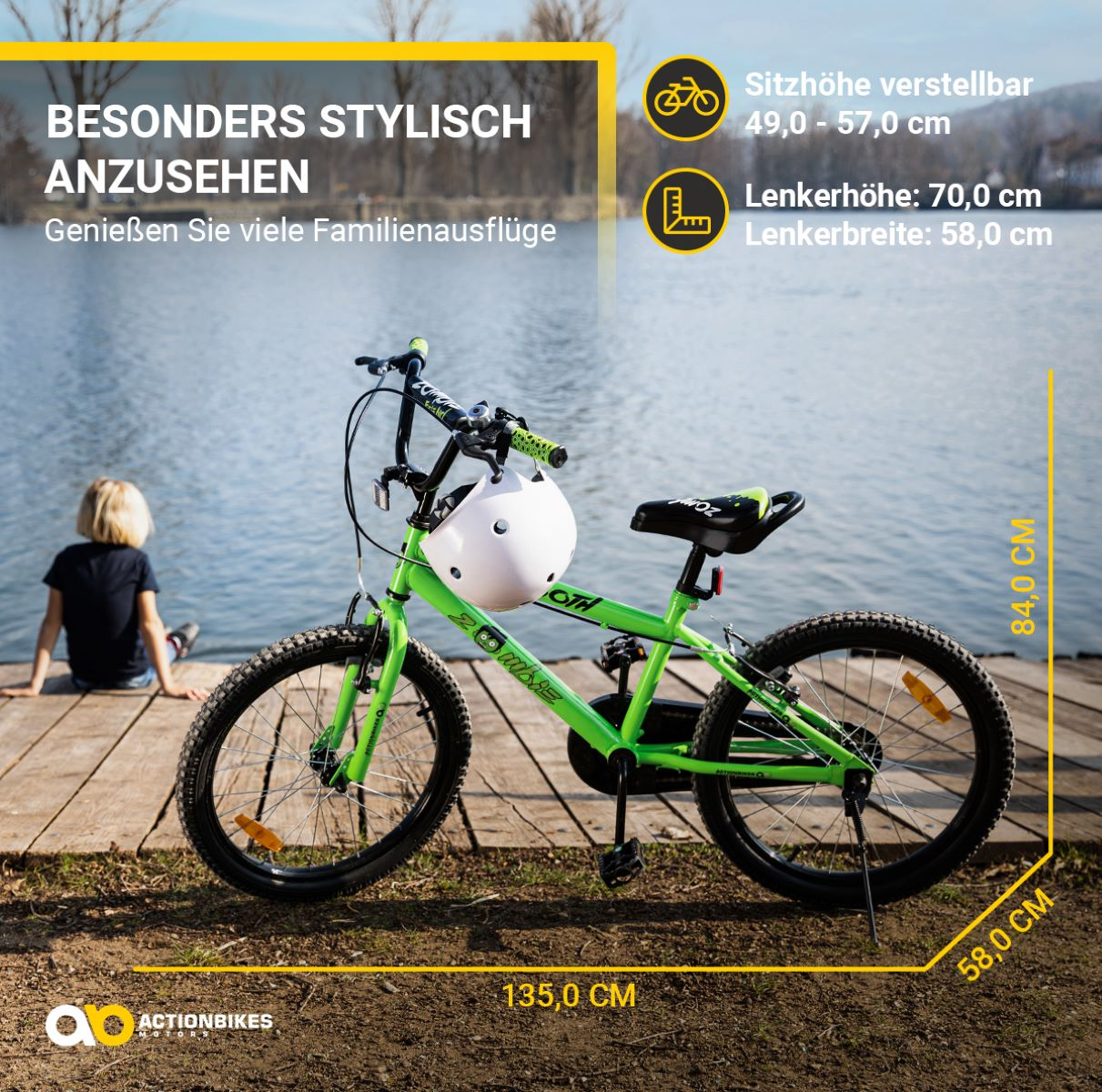 Ein grünes Fahrrad auf einem Holzsteg, mit Text: stilvoll und einstellbar.