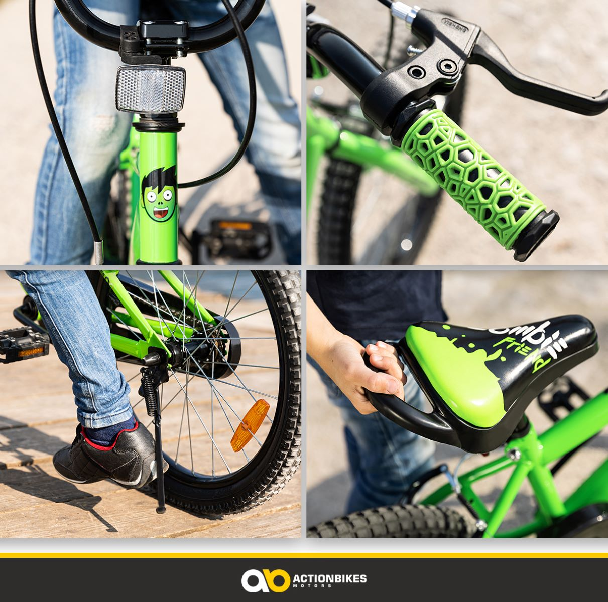 Grüne und schwarze Fahrradteile: Lenker, Rad, Sitz und ein Teil mit Gesicht.
