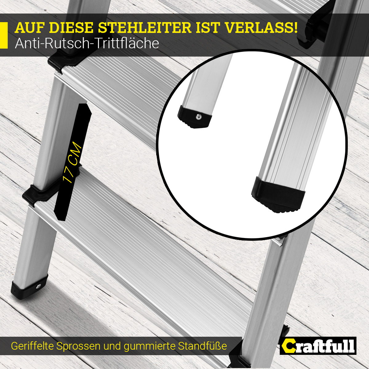Eine Metall-Trittleiter mit rutschfesten Stufen und Gummifüßen.