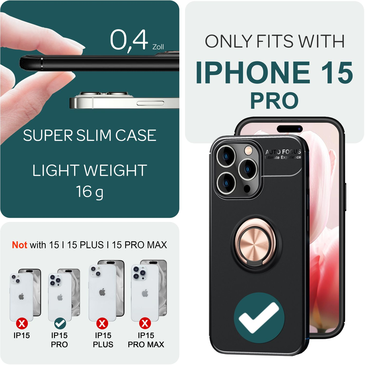 Una funda negra para iPhone 15 Pro, con soporte de anillo y texto.