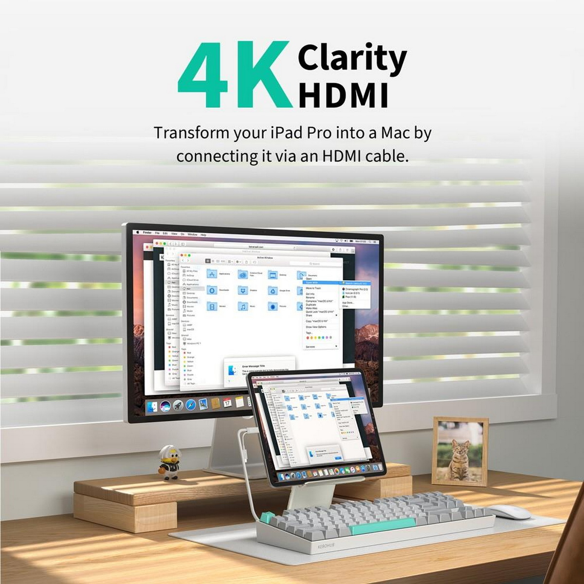 Ein Schreibtisch-Setup mit Computermonitor, iPad, Tastatur und Maus. Der Text lautet: 4K Clarity HDMI.