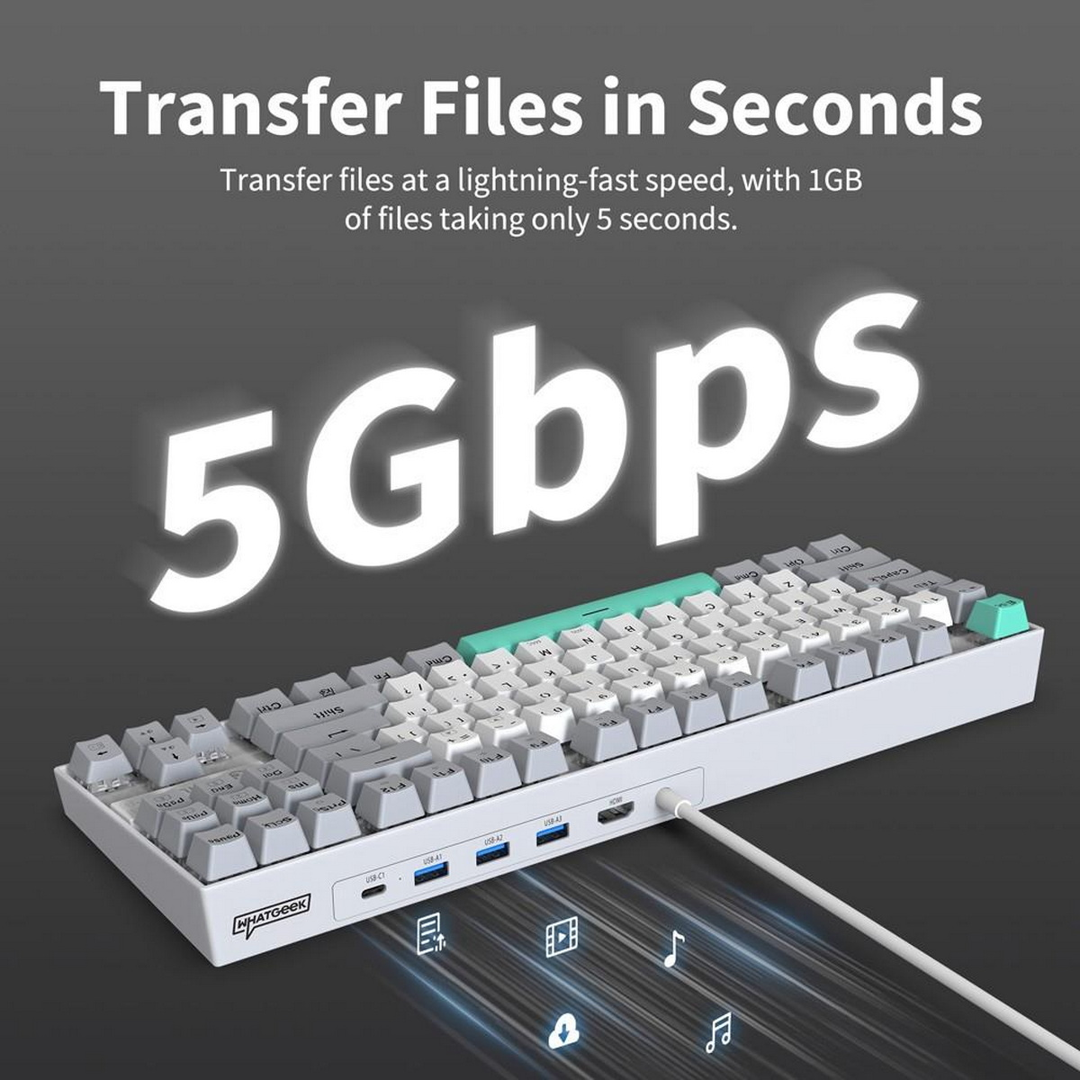 Weiße Tastatur mit hellgrünen Tasten und USB-Anschlüssen. Sagt '5 Gbit/s' in großen Buchstaben.