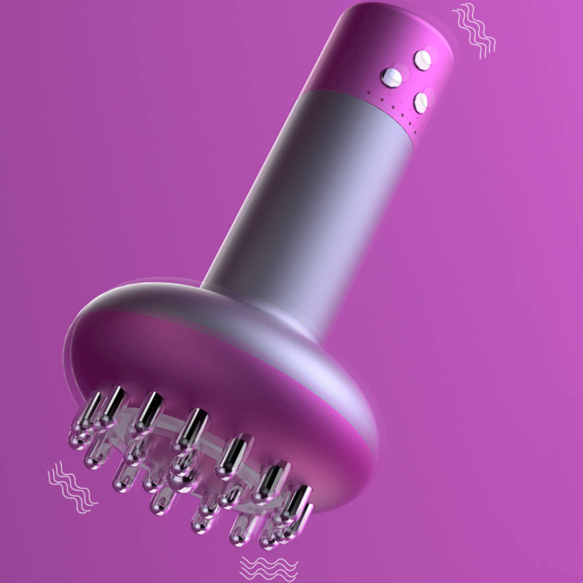 Pink-silbernes Massagegerät mit mehreren Noppen. Das Gerät ist auf lila Hintergrund.