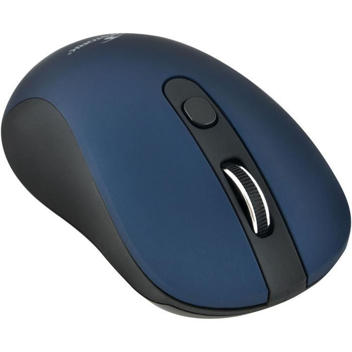 Mouse per computer blu e nero con rotella e pulsante sulla parte superiore.