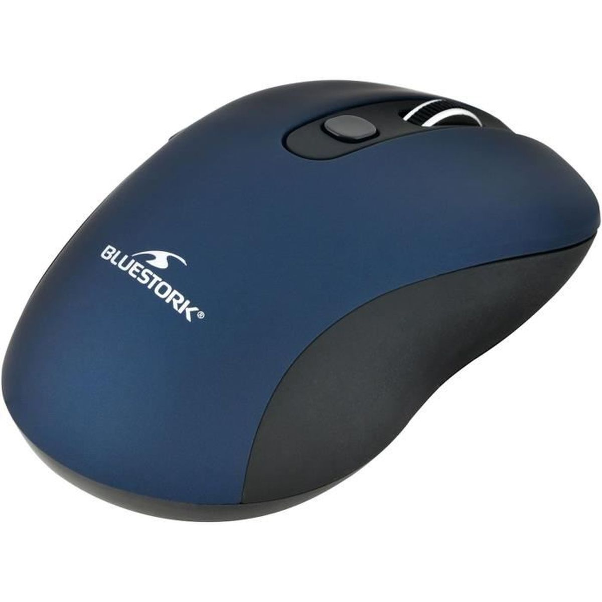 Un mouse wireless blu e nero. Il marchio 'Bluestork' è stampato sul mouse.