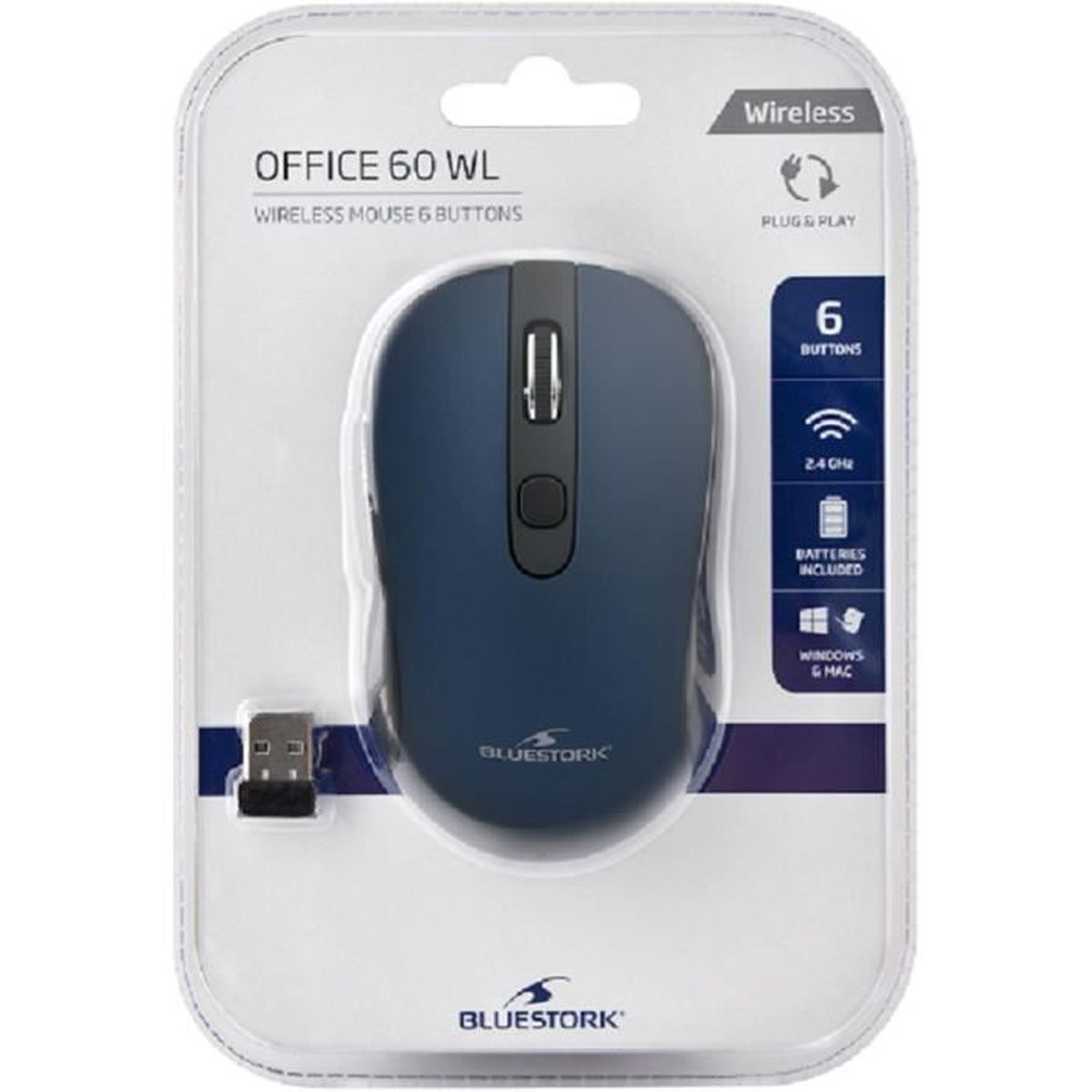 Un mouse wireless blu nella sua confezione, con marchio e informazioni.