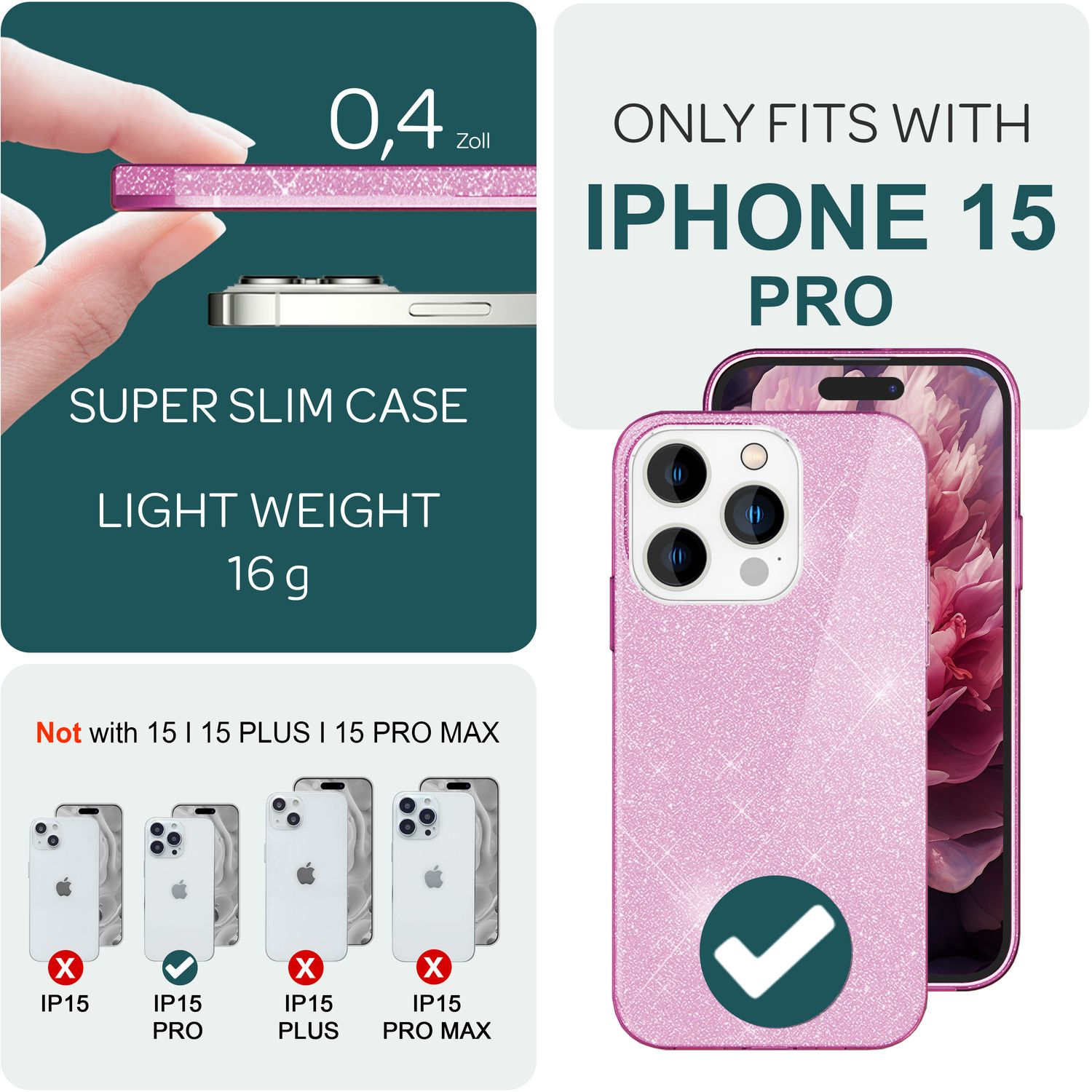 Funda rosa con purpurina con un teléfono. El texto indica que es para iPhone 15 Pro. Otros teléfonos no son compatibles.