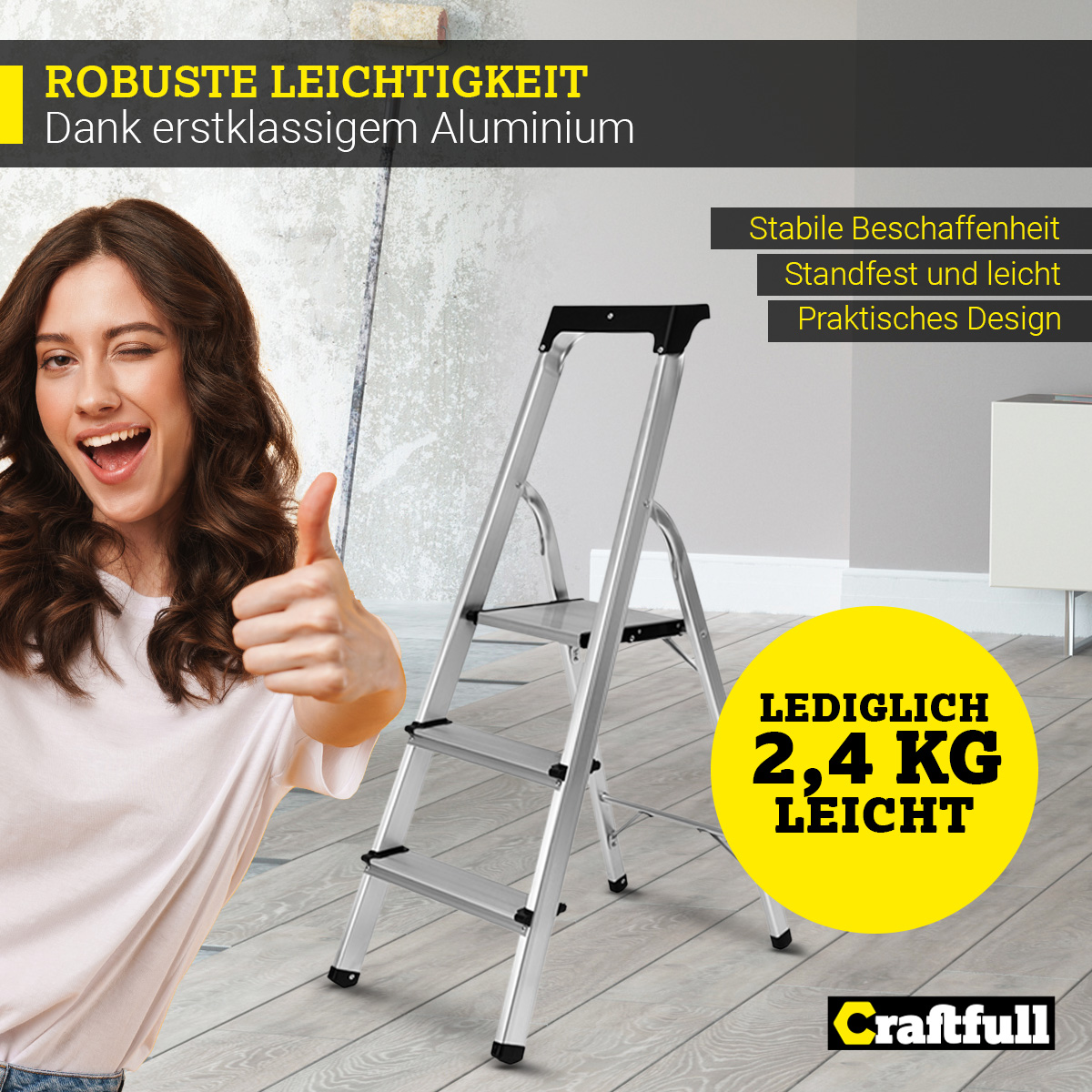Eine Frau zwinkert und zeigt einen Daumen hoch neben einer Trittleiter. Text: Leicht.