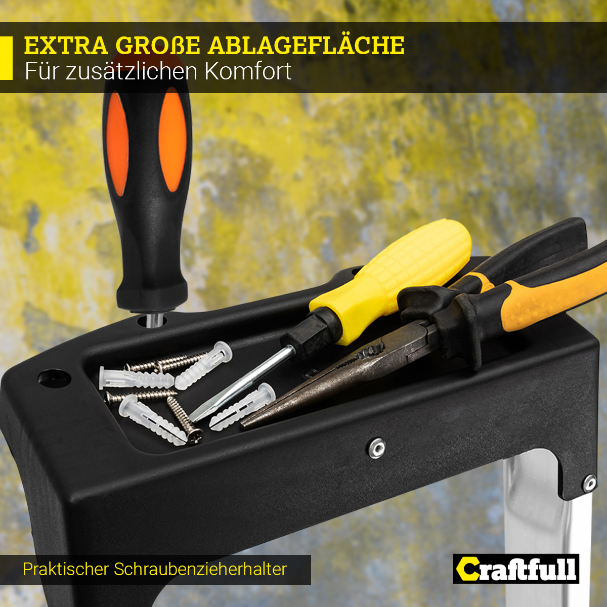 Ein schwarzes Regal mit Werkzeugen, Schrauben und einem Schraubendreher.