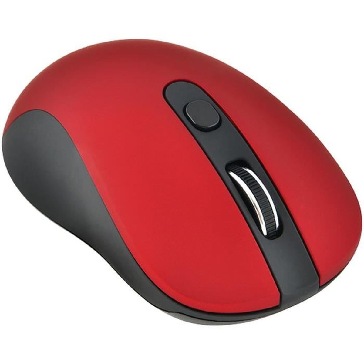 Un mouse wireless rosso e nero con rotella di scorrimento su sfondo bianco.