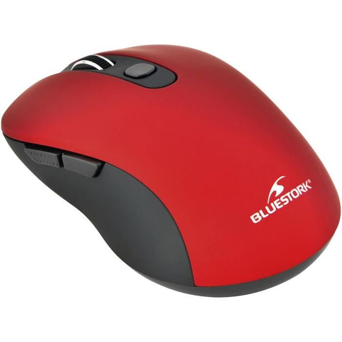 Mouse per computer rosso con accenti neri e il logo 'BLUESTORK'. Ha una rotella di scorrimento e pulsanti laterali.