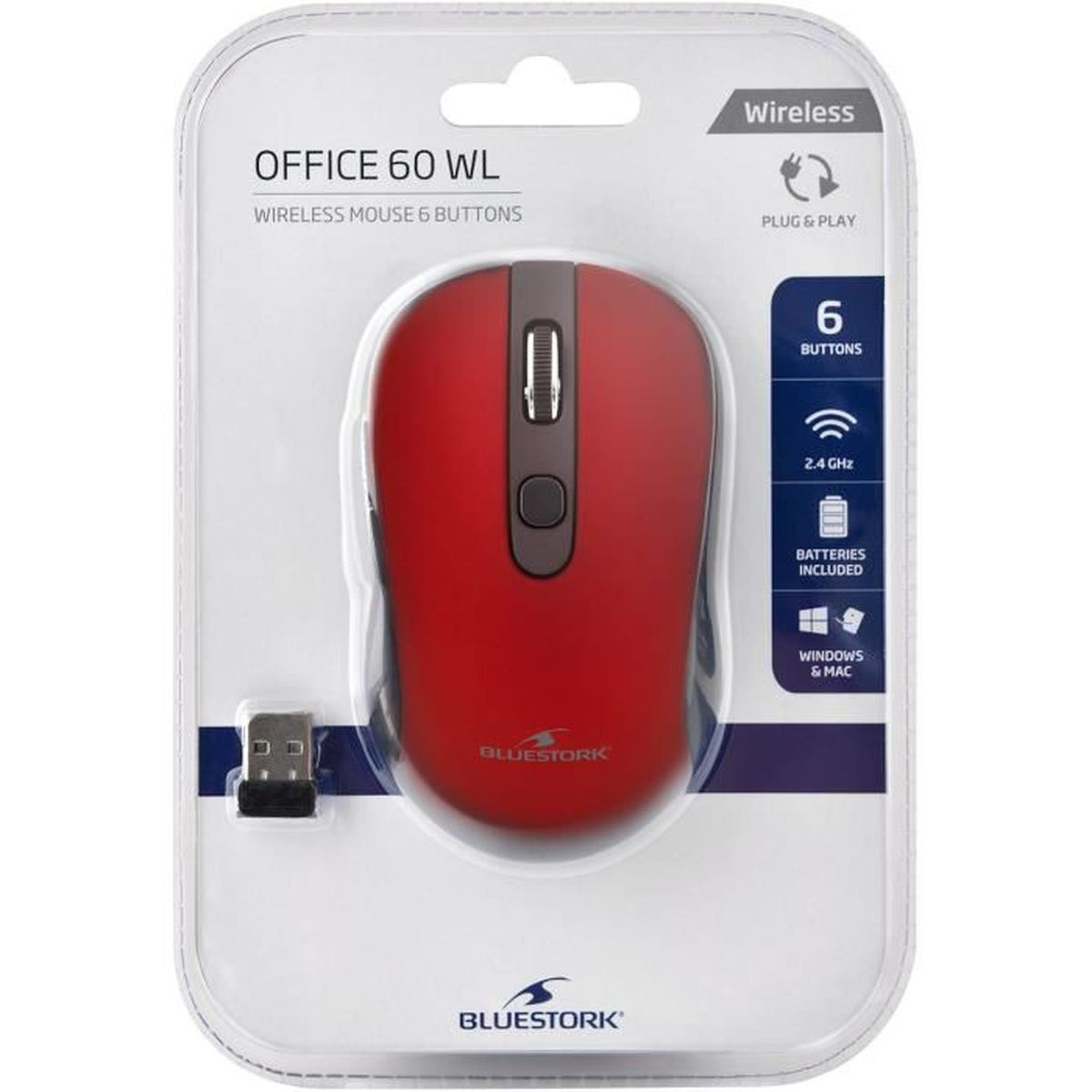 Mouse wireless rosso in blister, con pulsanti e 2,4 GHz.