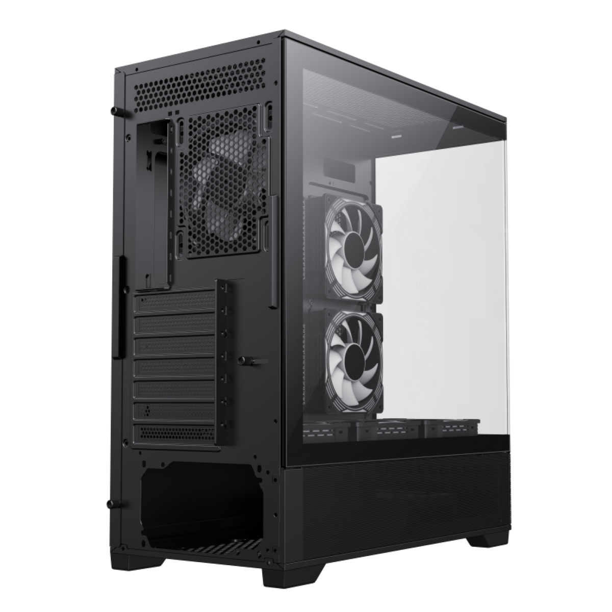 Ein schwarzes Computergehäuse mit einer Glas-Seitenwand, die zwei Lüfter im Inneren und andere Komponenten zeigt. Schwarzer Hintergrund.