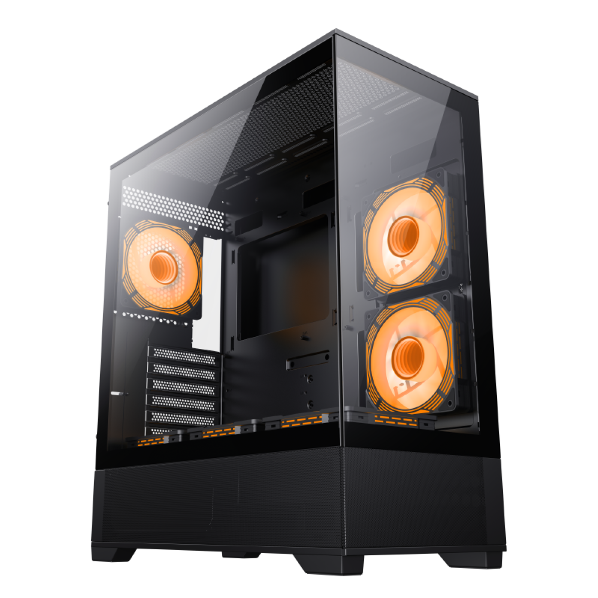 Schwarzes Computergehäuse mit orangefarbenen Lüftern. Seitenteil aus gehärtetem Glas. Innenraum sichtbar, dunkel. Schwarzer Hintergrund.