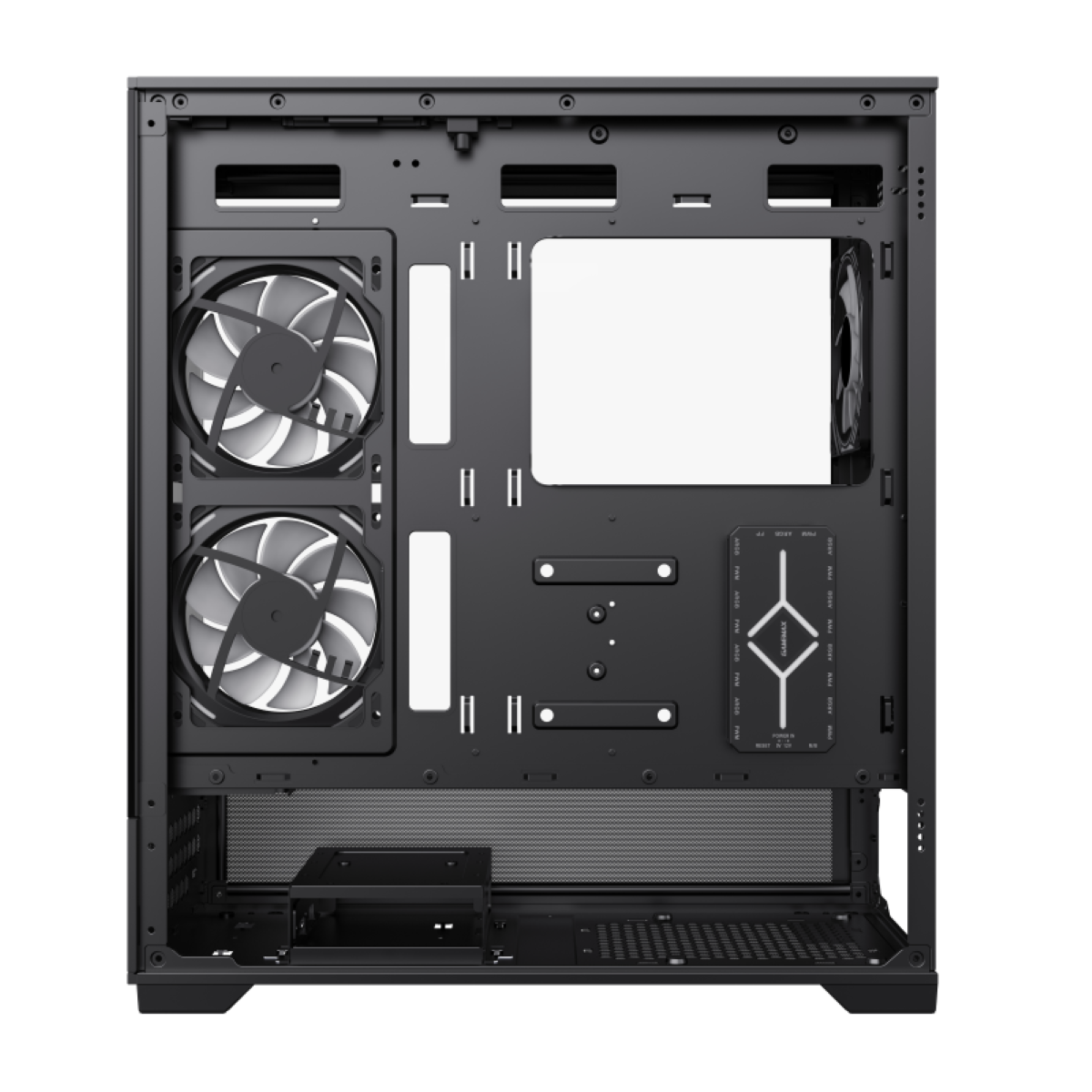 Innenraum eines schwarzen Computergehäuses mit sichtbaren Lüftern und Komponenten. Der Hintergrund ist schwarz.