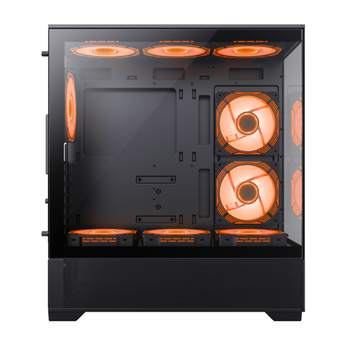 Schwarzes Computergehäuse mit orangefarbenen Lüftern im Inneren und dunklem Hintergrund.