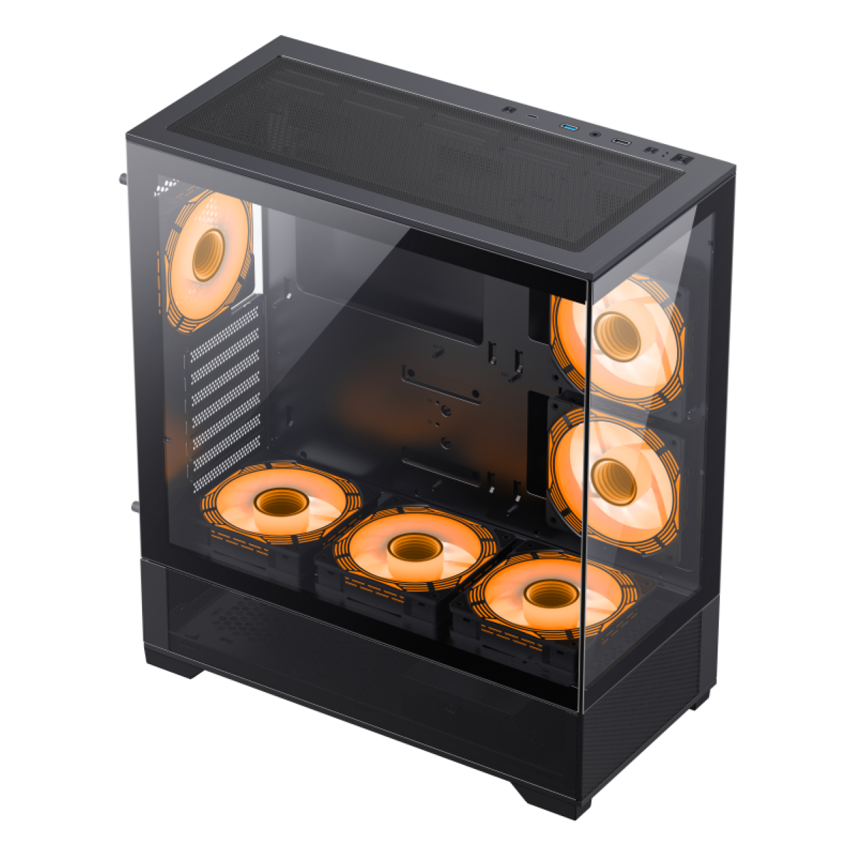 Ein schwarzes Computergehäuse mit orangefarbenen Lüftern und Glas-Seitenwand, zeigt Komponenten innen.
