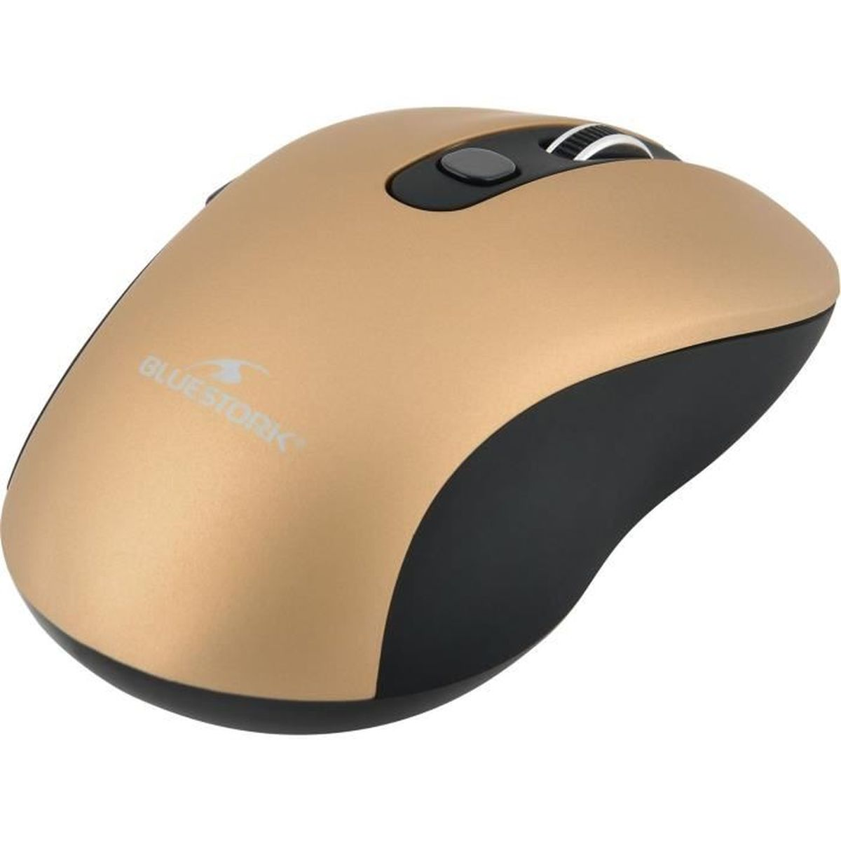 Un mouse per computer oro e nero con rotella di scorrimento su una superficie bianca.
