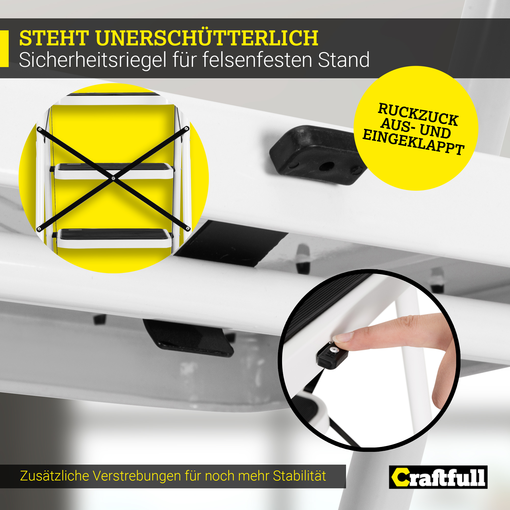 Klappleiter, Sicherheitsmerkmale hervorgehoben. Gelber Text erklärt die Funktionalität.