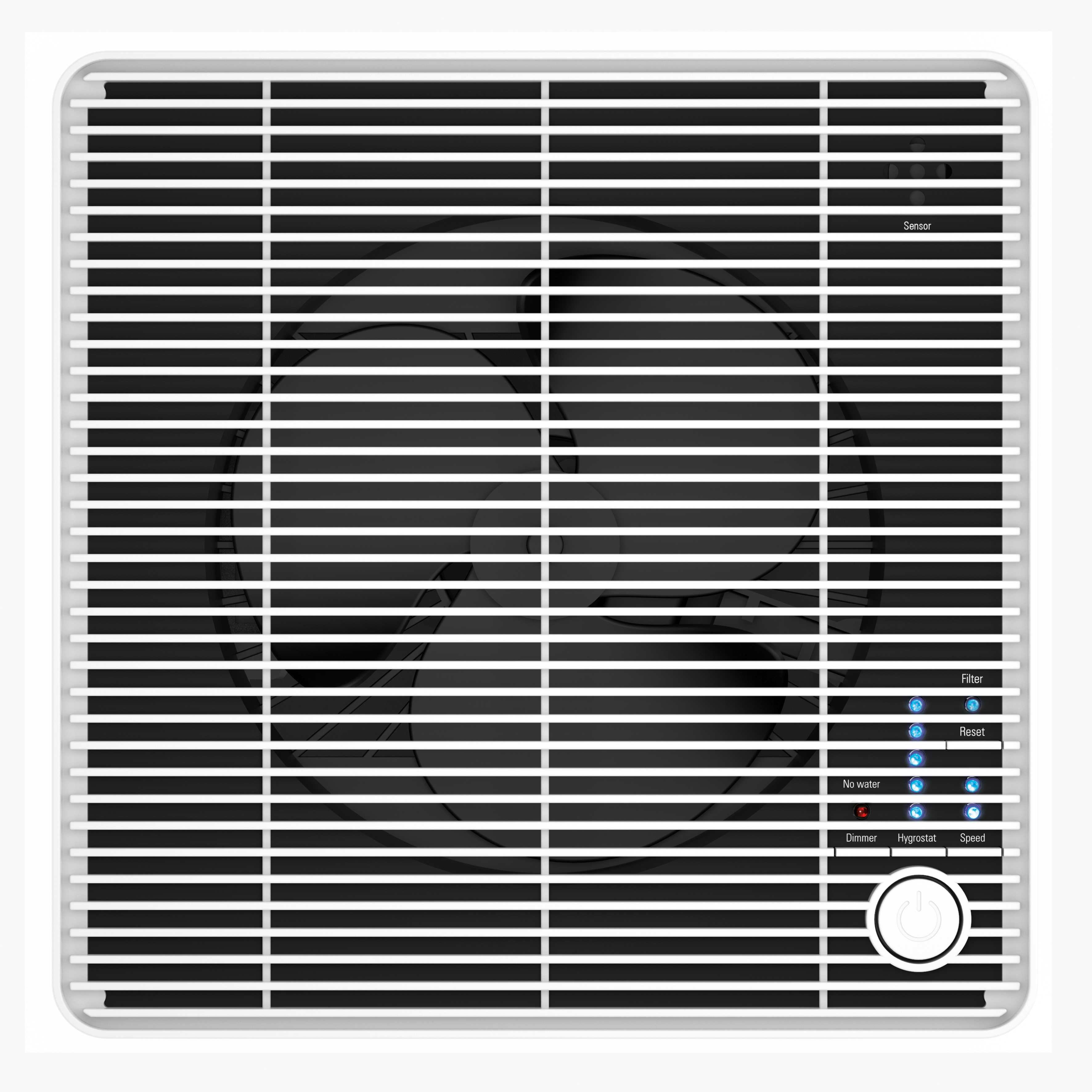 Top view of a white air purifier with a black grill. Control panel with buttons and indicator lights.
