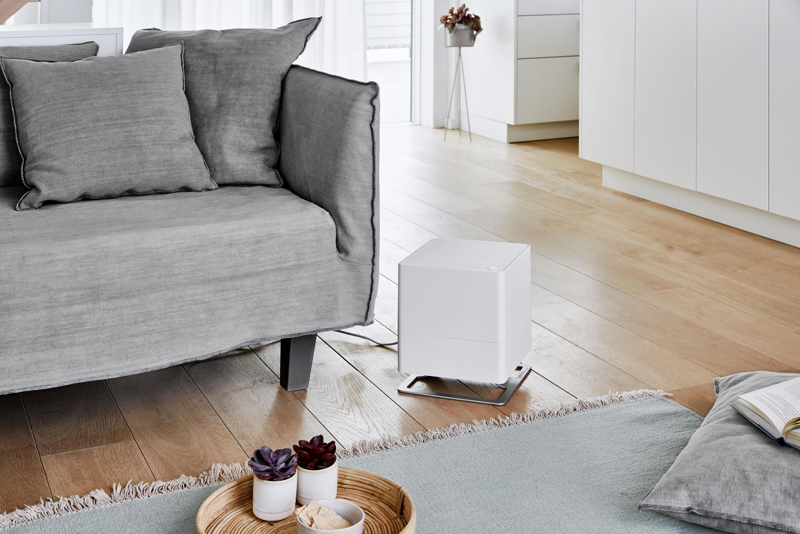 A white humidifier next to a gray sofa, with plants and a rug in a living room.