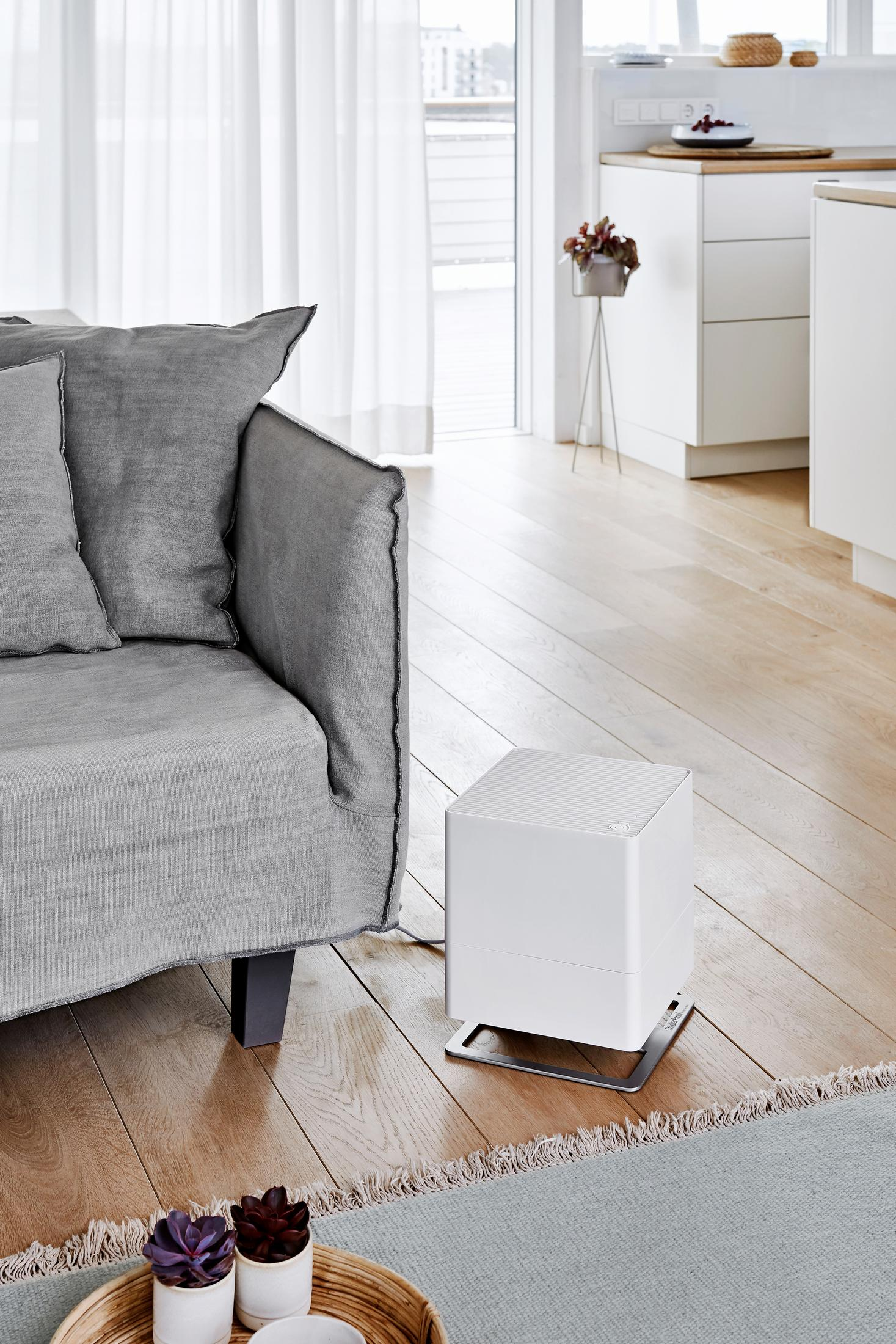 A modern living room with a white humidifier, a gray sofa, and wooden floors.