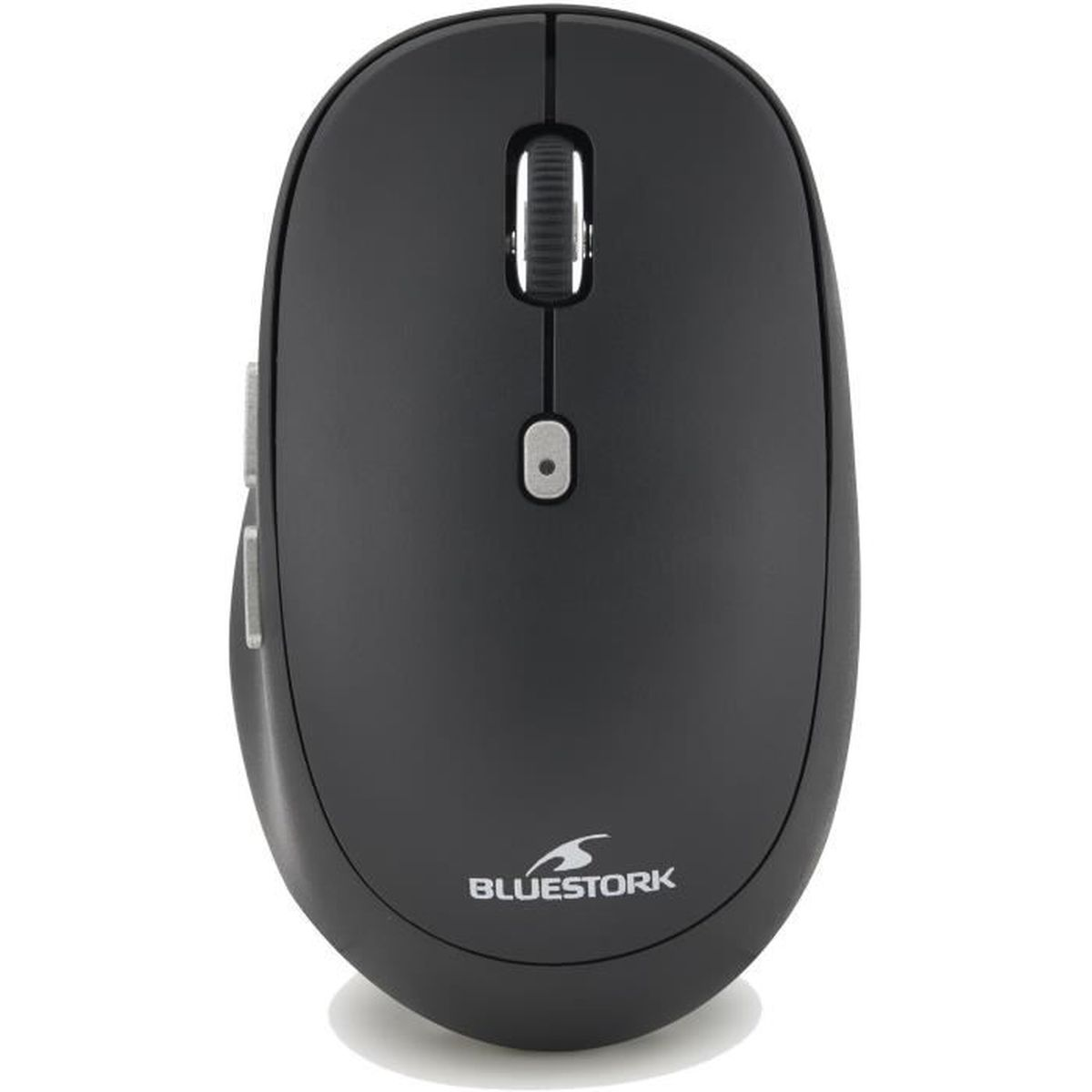 Un mouse nero con una rotella e due pulsanti. Il marchio è visibile.