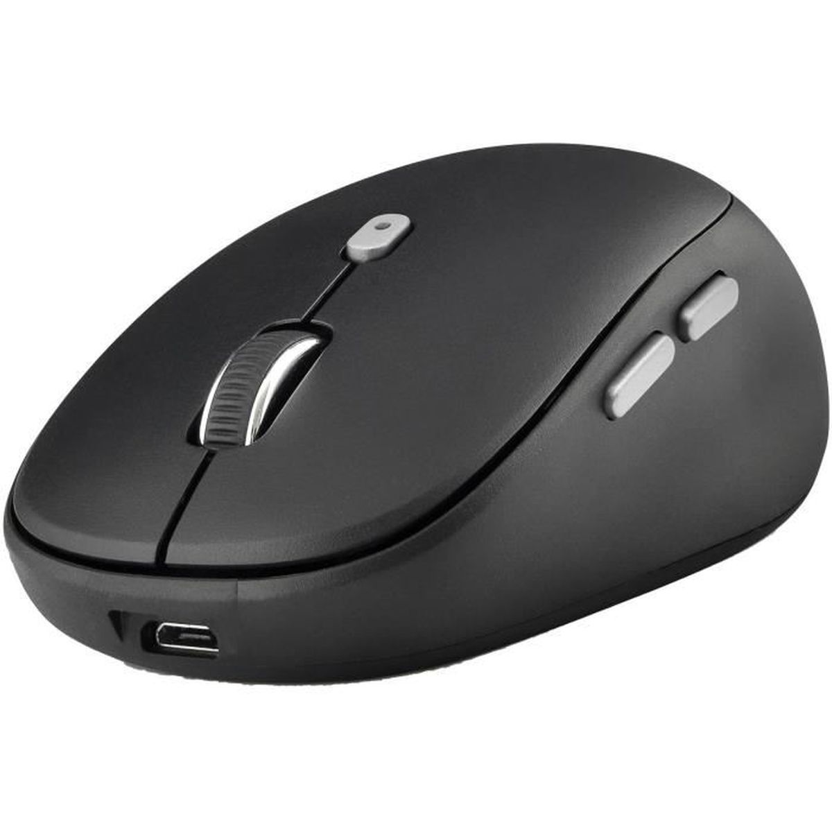 Mouse wireless nero con rotella e pulsanti laterali, su sfondo bianco.