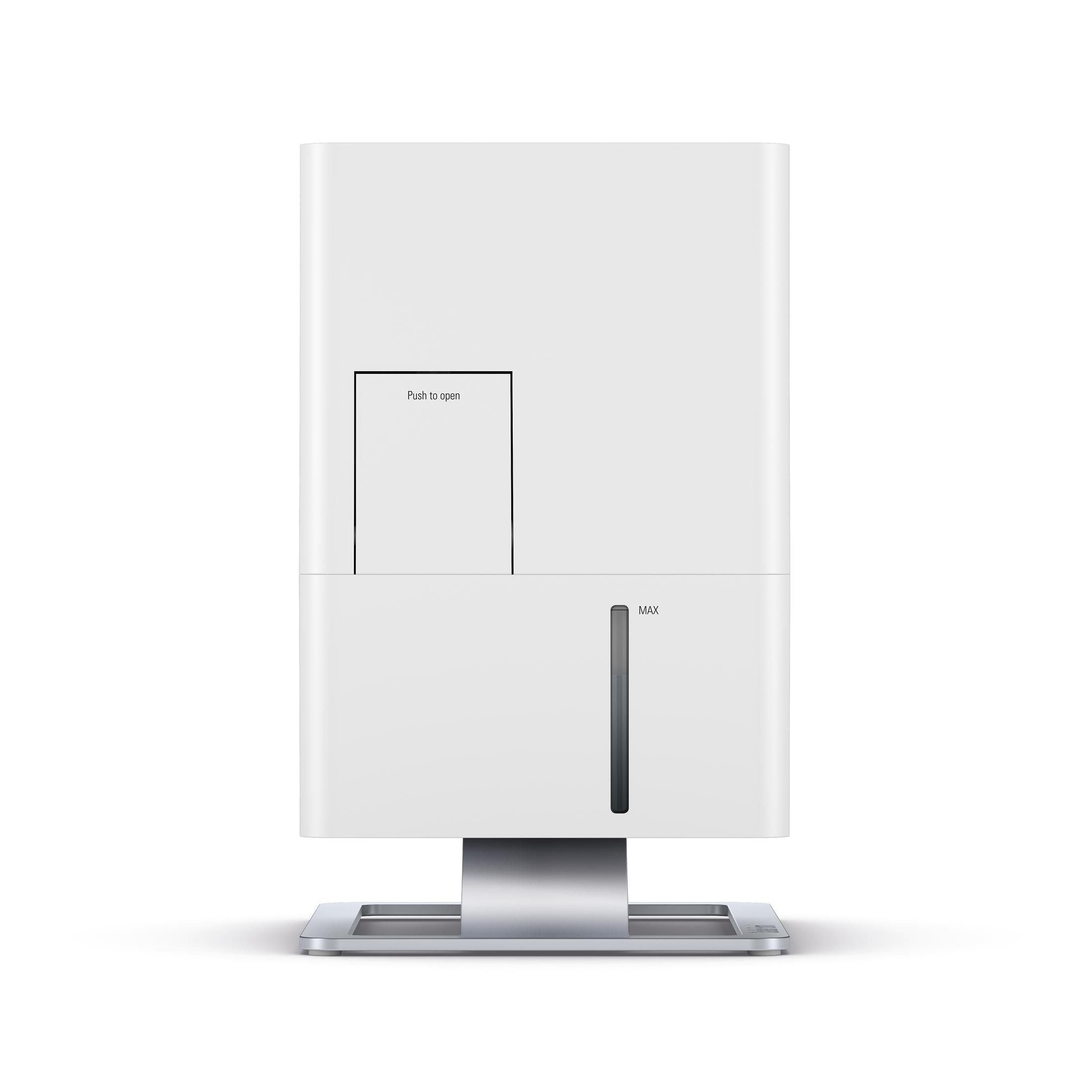 White humidifier with a silver base. It has a push-to-open panel and a water level indicator.
