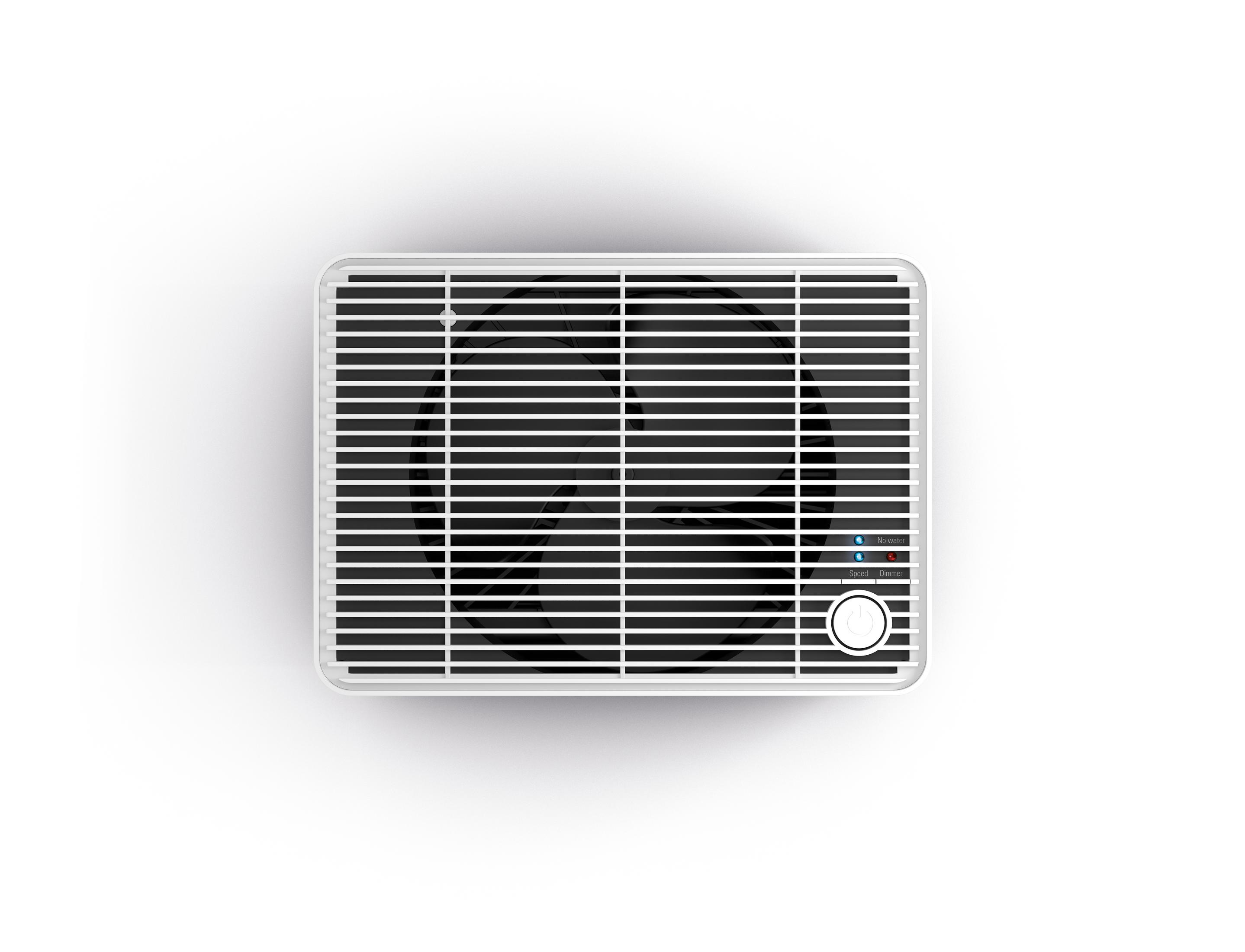 White air purifier top view. It has a grill and a control knob with indicator lights. White background.