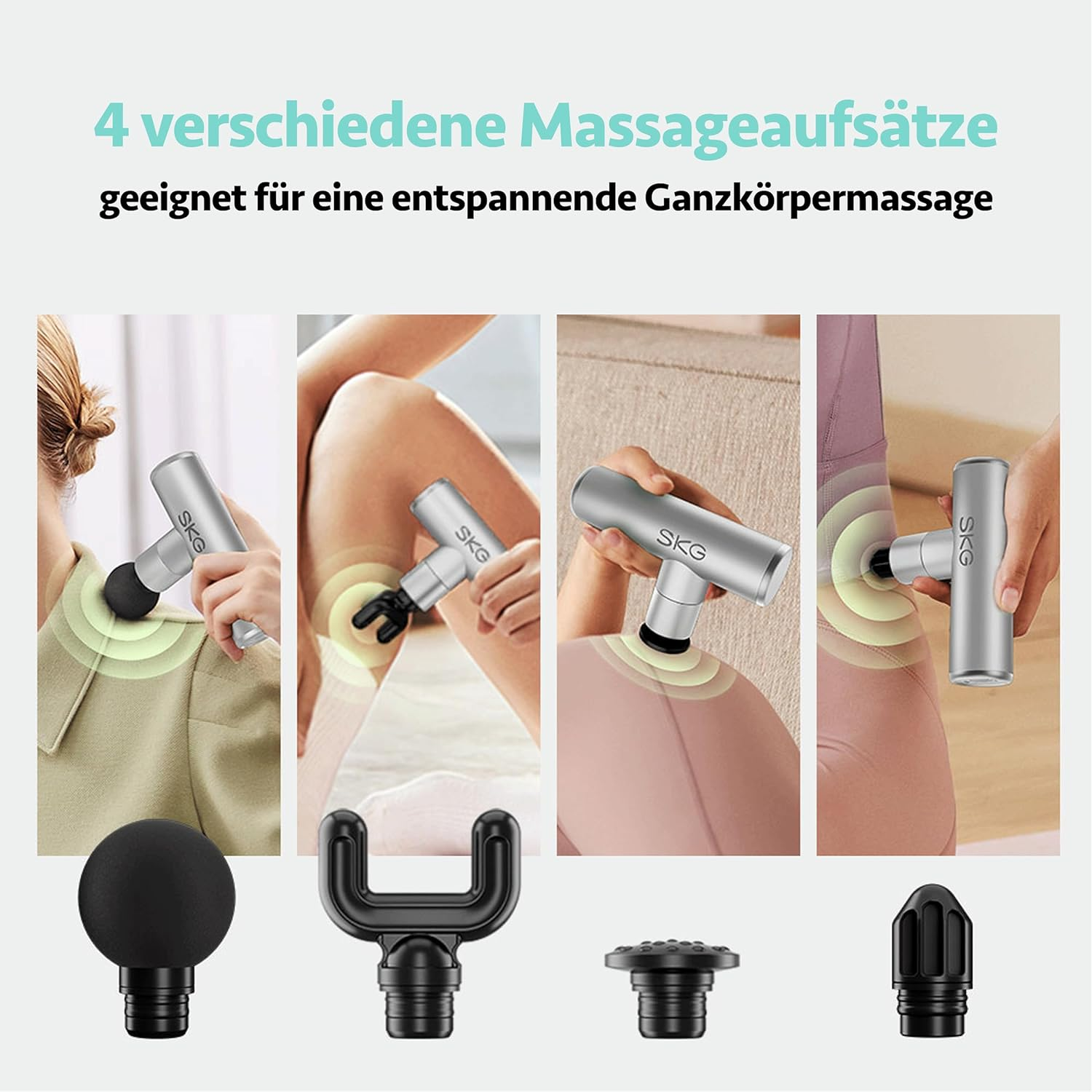 Vier Massageaufsätze werden mit Bildern ihrer Verwendung auf verschiedenen Körperteilen dargestellt.