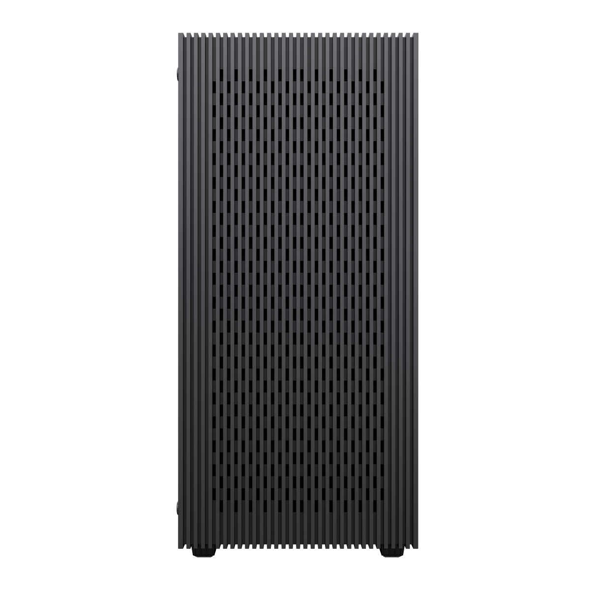 Schwarzes Computergehäuse mit vertikalen Linien, die die Vorderseite herunterlaufen.