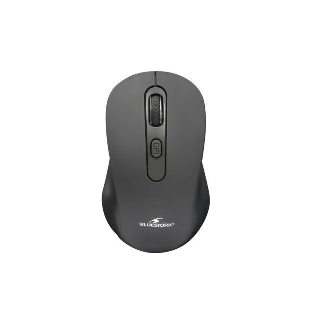 Una vista dall'alto di un mouse per computer grigio con una rotella di scorrimento e un pulsante DPI. Il marchio è Bluestork.