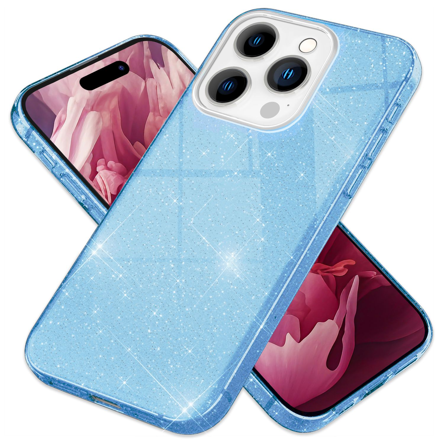 Blaue Glitzer-Handyhülle auf einem Telefon und einem zweiten Telefon, weißer Hintergrund.