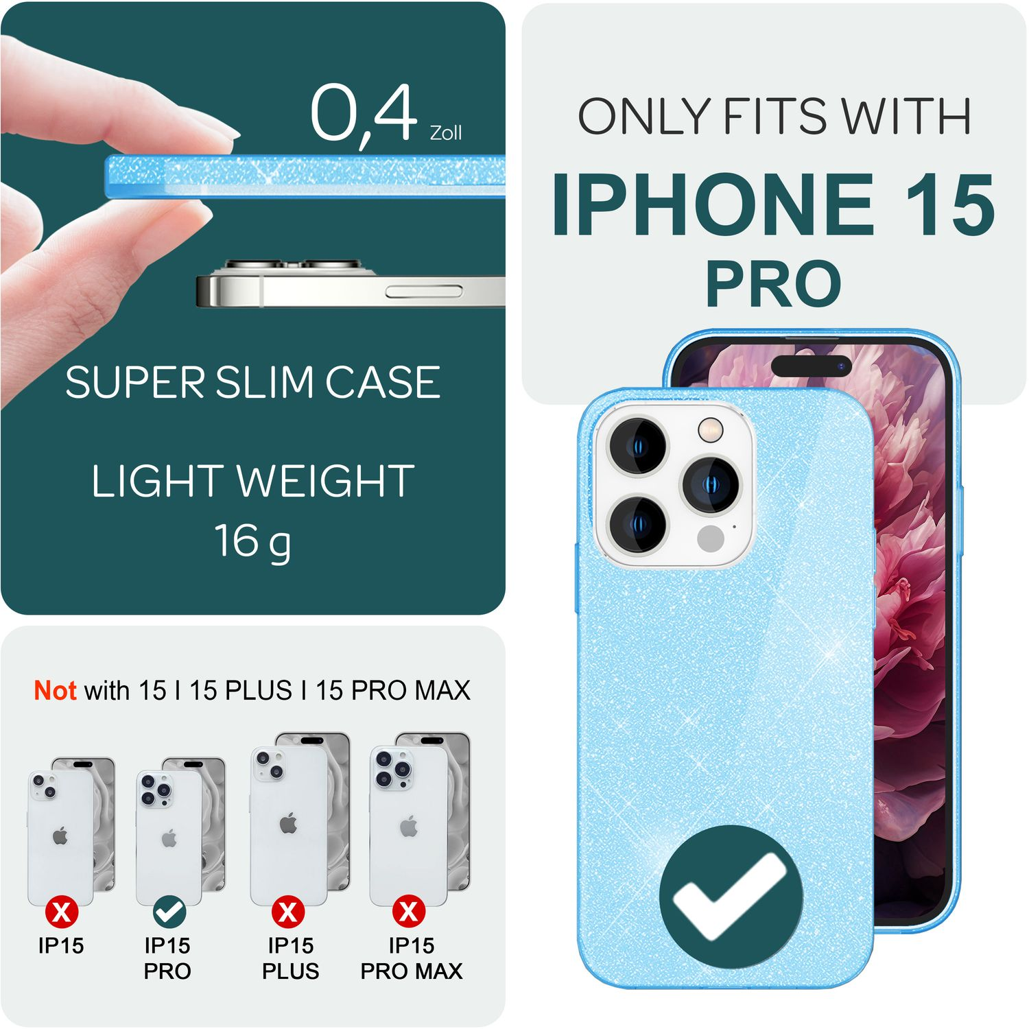 Funda de iPhone con purpurina y iPhone 15 Pro. Otros teléfonos no son compatibles.