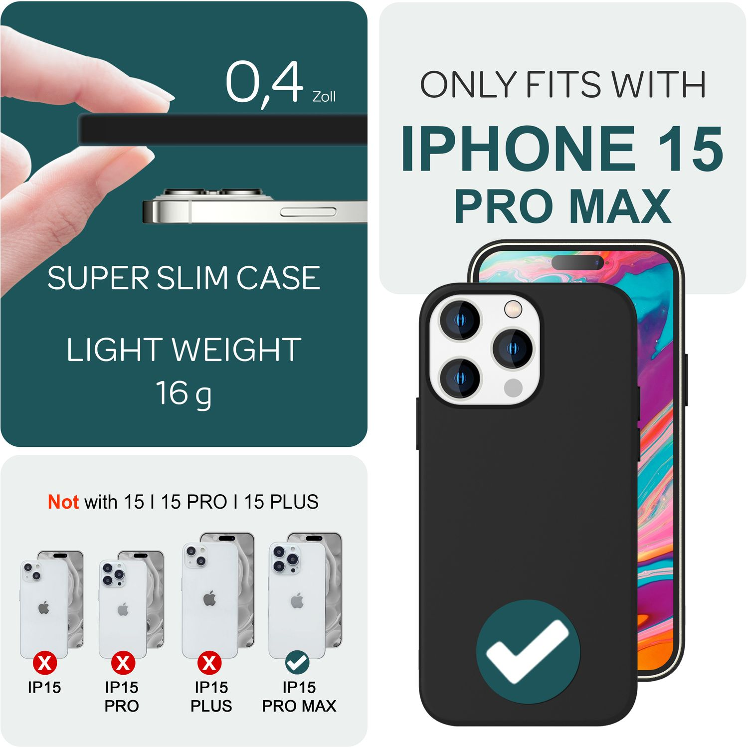 Schwarze Handyhülle und Telefon. Zeigt die Kompatibilität nur mit iPhone 15 Pro Max.