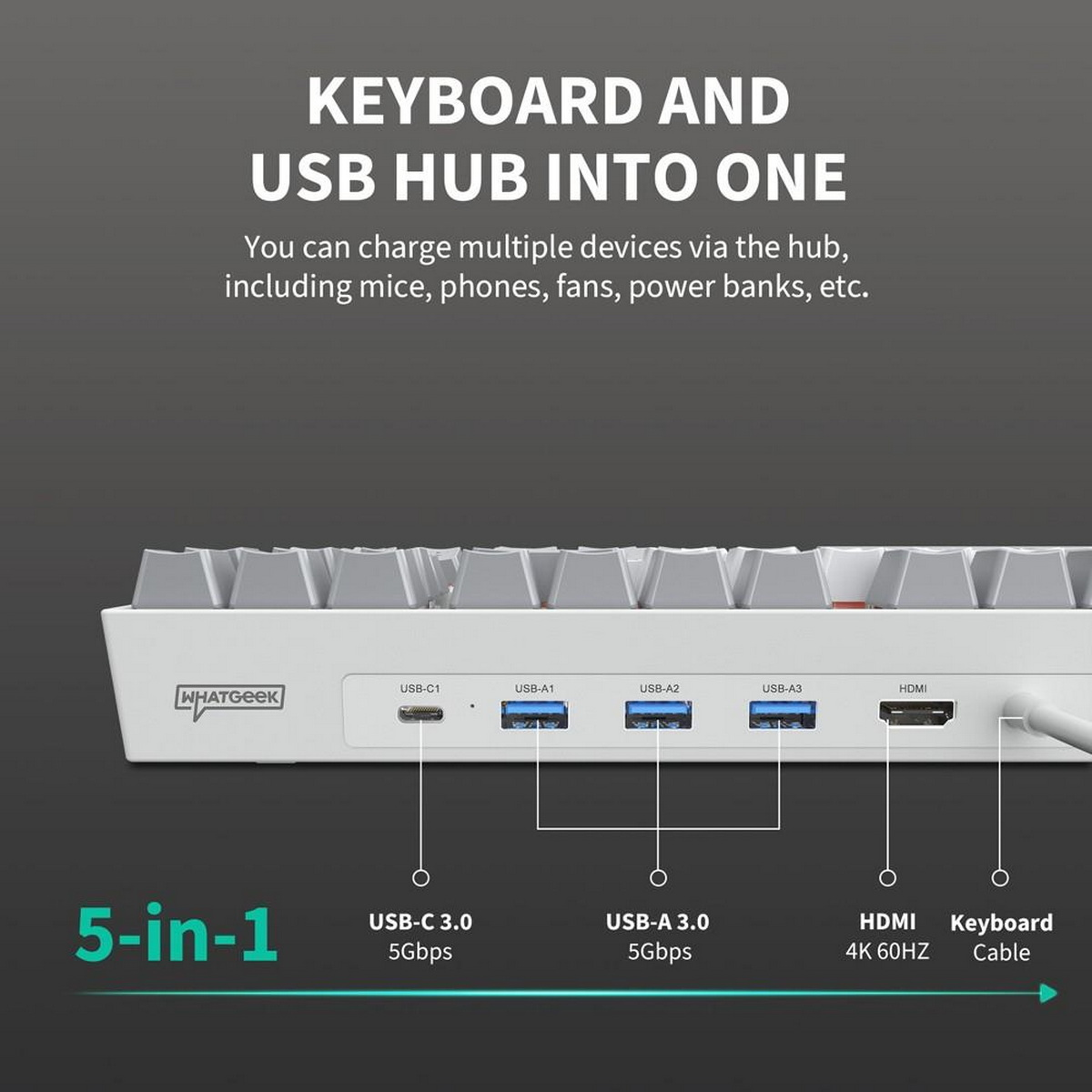 Tastatur-USB-Hub-Detail. Zeigt USB-C-, USB-A-, HDMI- und Tastaturkabelanschlüsse.