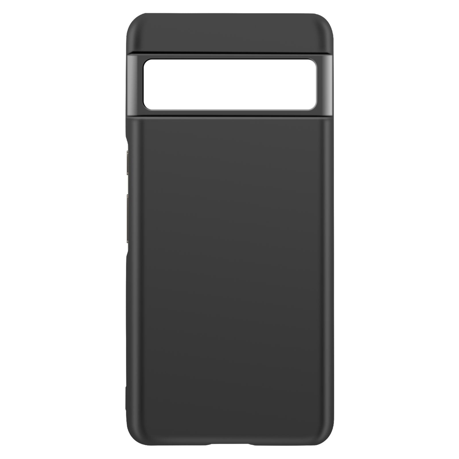 Una custodia nera per smartphone. Ha un'apertura rettangolare per la fotocamera.