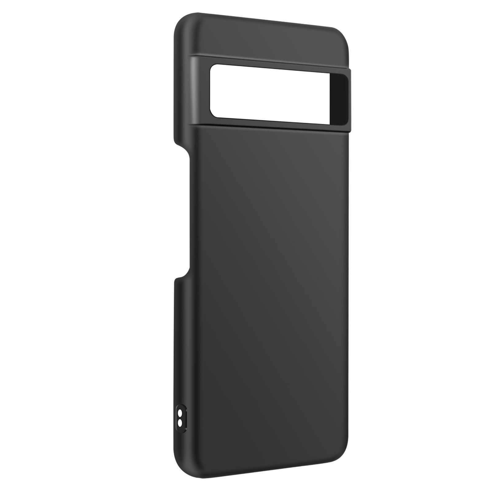 Custodia per telefono nera con ritaglio per la fotocamera. La custodia ha un design elegante.