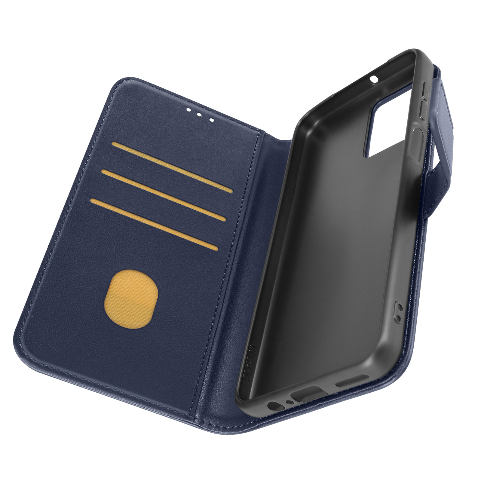 Blaue Leder-Handyhülle, geöffnet, um Kartenfächer und einen schwarzen Telefonhalter zu zeigen, auf weißer Oberfläche.