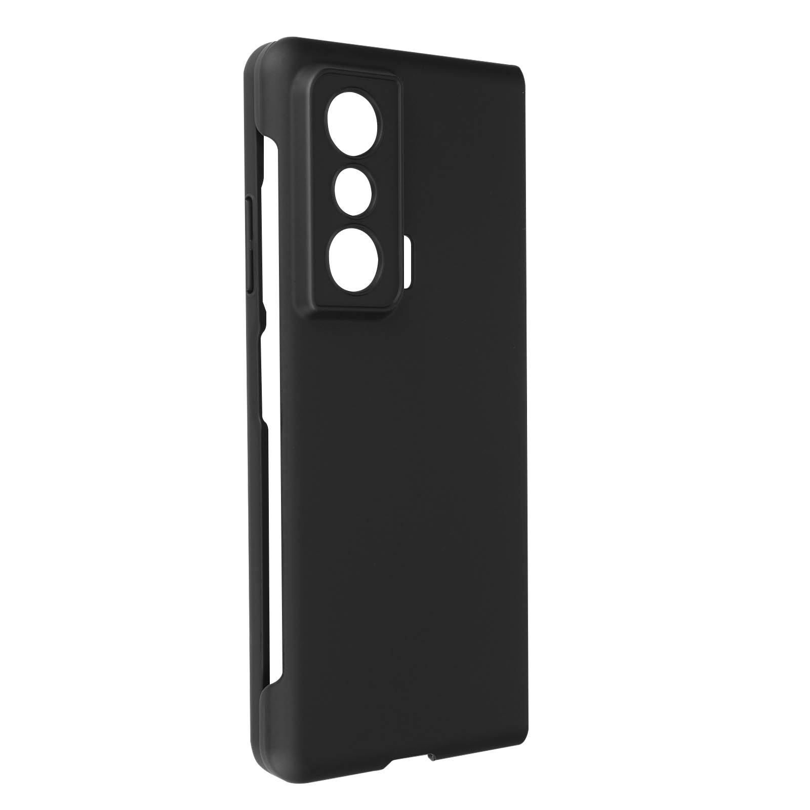 Custodia per telefono nera con tre fori per fotocamera. Il design è elegante.